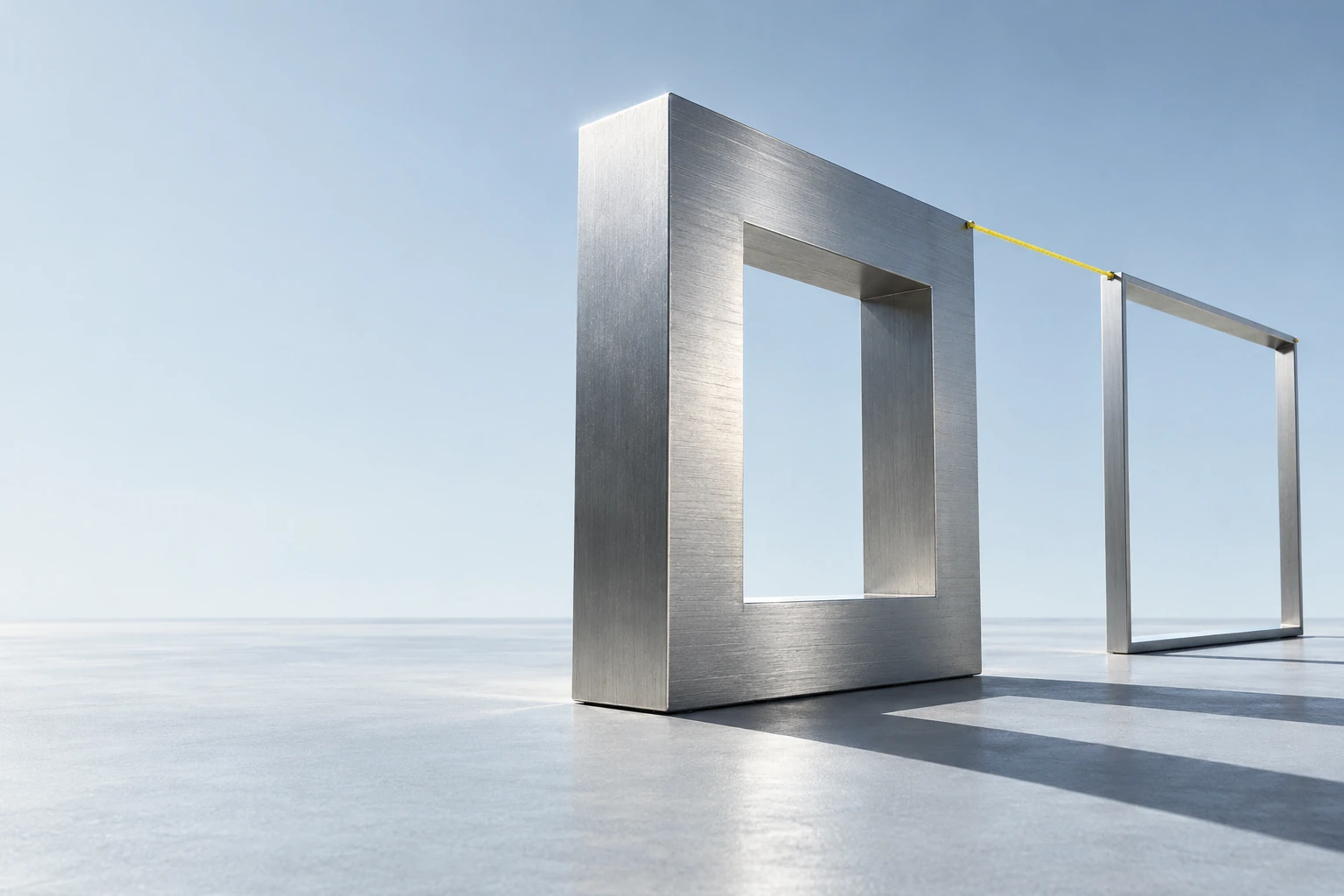 Two precisely machined metal frames with the same opening: one solid, one slender, connected by a yellow measuring line.